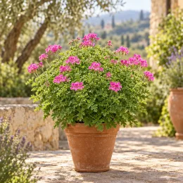 Géranium au parfum de noisette 'Concolor lace' (Pelargonium) — plante buissonnante en pot avec fleurs roses