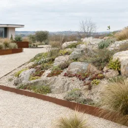 Joubarbe (Sempervivum × liparii) — rocaille paysagée avec tapis de plantes couvre-sol · Photo d'illustration