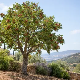 Pistachier de l'atlas (Pistacia atlantica) — arbre isolé chargé de grappes rouges au jardin · Photo d'illustration