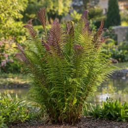 Osmunda 'Purpurascens' (Osmunda regalis) — fougère dressée en touffe près d'un bassin