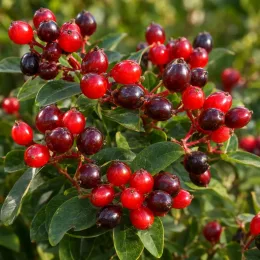 Millepertuis arbustif 'Kolmaref' (Hypericum inodorum) — grappes de baies rouges et sombres sur feuillage vert · Photo d'illustration