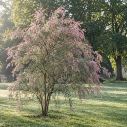 Tamaris d'été 'Rosea' (Tamarix ramosissima) — arbuste isolé aux fines branches fleuries roses · Photo d'illustration