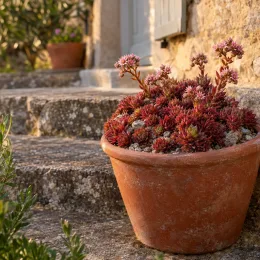 Joubarbe rouge 'Belsemred1' (Sempervivum) — plante succulente rouge fleurie en pot sur marches · Photo d'illustration