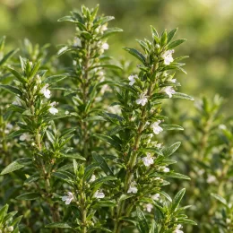Sarriette 'Montana' (Satureja) — tiges dressées au feuillage fin et fleurs blanches · Photo d'illustration