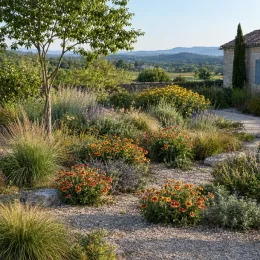Gaillarde 'Gusto sweet chili' (Gaillardia) — massifs fleuris sur graviers dans jardin champêtre