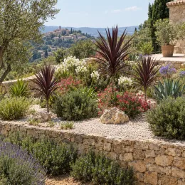 Cordyline australe 'Black knight' (Cordyline australis) — massif méditerranéen avec feuillages pourpres et fleurs blanches · Photo d'illustration
