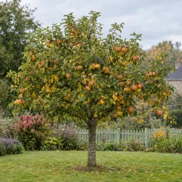 Pommier 'Reinette du normande' (Malus domestica) — arbre fruitier isolé couvert de pommes mûres