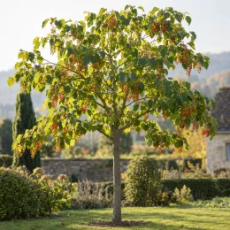 Idesia (Idesia polycarpa) — arbre isolé chargé de grappes de fruits