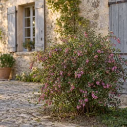 Symphorine de doorenbos à fruits roses 'Magic berry' (Symphoricarpos × doorenbosii) — arbuste à baies roses devant maison en pierre · Photo d'illustration