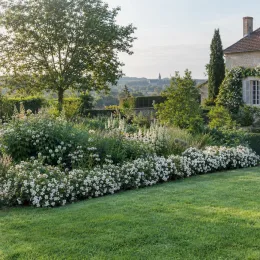 Rosier 'The fairy blanc' (Rosa) — massif de petites fleurs blanches au jardin