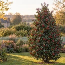 Houx arbustif femelle 'Blue princess' (Ilex × meserveae) — grand arbuste persistant couvert de baies rouges, au jardin · Photo d'illustration