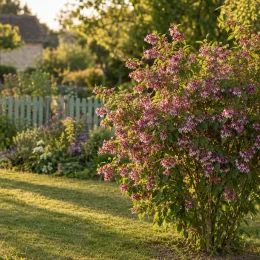 Deutzie 'Tourbillon rouge' (Deutzia magnifica) — arbuste fleuri rose en massif de jardin