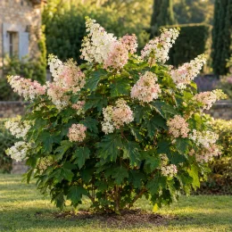 Hydrangea à feuilles de chêne 'Snow queen' (Hydrangea quercifolia) — arbuste fleuri au jardin, grandes panicules bicolores · Photo d'illustration