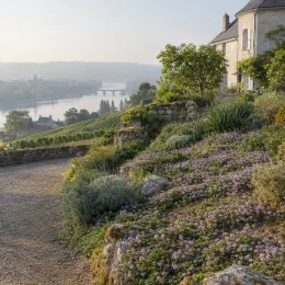 Verveine mousse (Verbena tenuisecta) — plantes couvre-sol fleuries en pente près d’une maison · Photo d'illustration