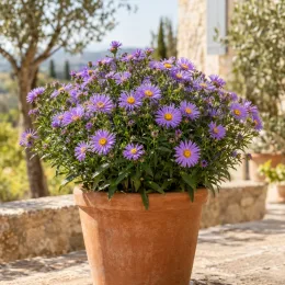 Aster 'Sonora' (Aster amellus) — touffe dense de fleurs violettes en pot