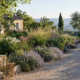 Népétas 'Cats pajamas' (Nepeta faassenii) — massif fleuri le long d’une allée de gravier