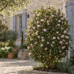 Magnolia à fleur rose 'Micjur01' (Michelia) — grand arbuste fleuri devant maison en pierre · Photo d'illustration