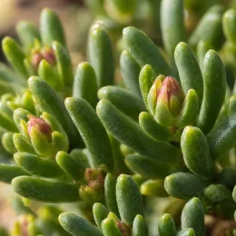 Pourpier vivace 'Illusion' (Delosperma) — gros plan sur tiges charnues et boutons floraux · Photo d'illustration