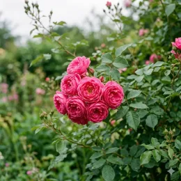 Rosier 'La rose de jean paul guerlain' (Rosa hybrida) — bouquet de fleurs roses sur rosier en jardin
