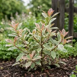 Photinia 'Strawberry ice' (Photinia × fraseri) — arbuste panaché jeune plant au jardin