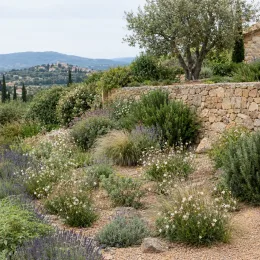 Gaura blanche compact 'Short form' (Gaura lindheimeri) — massif naturaliste avec vivaces fleuries et arbre · Photo d'illustration