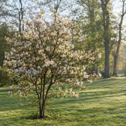 Amélanchier à grandes fleurs 'Princess diana' (Amelanchier × grandiflora) — arbrisseau en fleurs isolé sur pelouse · Photo d'illustration