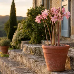 Lys belladonne (Amaryllis belladonna) — pot de fleurs roses sur marches en pierre · Photo d'illustration