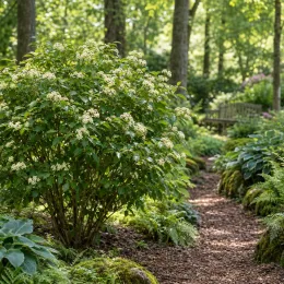 Cornouiller soyeux 'Kelseyi' (Cornus sericea) — arbuste fleuri le long d’un sentier de jardin · Photo d'illustration
