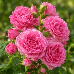 Rosier couvre-sol 'Pretty fairy' (Rosa) — grappes de petites roses doubles roses vives · Photo d'illustration