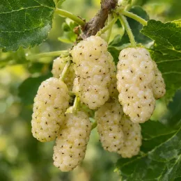 Mûrier blanc 'Milanówek' (Morus alba) — grappes de fruits blancs mûrs avec feuilles · Photo d'illustration