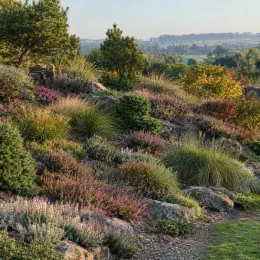 Bruyère commune 'Silver knight rose' (Calluna vulgaris) — massif de plantes basses et graminées sur rocaille