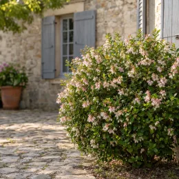 Escallonia 'Donard radiance' — arbuste fleuri rond devant maison en pierre · Photo d'illustration