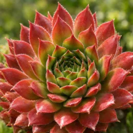 Joubarbe 'Coral red' (Sempervivum) — rosette serrée de feuilles succulentes rouges et vertes