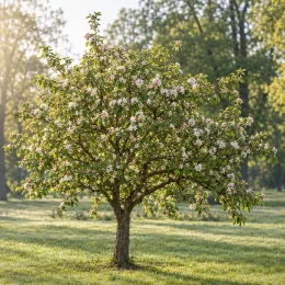 Pommier d'ornement (Malus communis) — arbre en fleurs isolé sur pelouse ensoleillée · Photo d'illustration