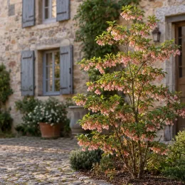 Enkianthus (Enkianthus campanulatus) — arbuste fleuri devant maison en pierre, ambiance jardin