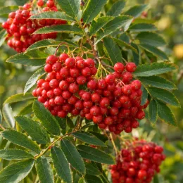 Sorbier des oiseleurs 'Autumn spire' (Sorbus aucuparia) — grappes de baies rouges parmi un feuillage vert · Photo d'illustration