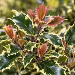 Houx commun panaché 'Ingramii' (Ilex aquifolium) — feuilles épineuses panachées avec jeunes pousses rouges · Photo d'illustration