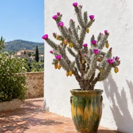 Cactée (Cylindropuntia spinosior) — grand cactus ramifié en pot sur terrasse méditerranéenne · Photo d'illustration