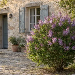 Lilas à petites feuilles 'Superba' (Syringa microphylla) — arbuste fleuri devant maison en pierre · Photo d'illustration