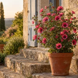 Mauve du cap rouge 'Large red' (Anisodonthea capensis) — plante fleurie en pot sur marches en pierre · Photo d'illustration