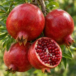 Grenadier à fruit 'Teheran' (Punica granatum) — gros fruits rouges avec grains juteux apparents · Photo d'illustration