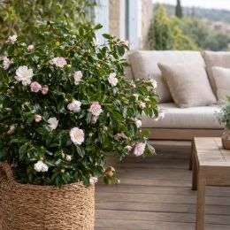 Camélia d'automne 'Rainbow blanc rose' (Camellia sasanqua) — arbuste fleuri en pot sur terrasse bois · Photo d'illustration