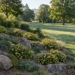 Potentille jaune clair 'Arbuscula' (Potentilla fructicosa) — massif arbustif fleuri sur talus rocheux au jardin · Photo d'illustration