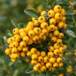 Buisson ardent jaune 'Golden glow' (Pyracantha coccinea) — grappes serrées de baies jaunes brillantes · Photo d'illustration
