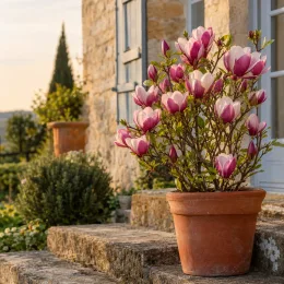 Magnolia 'Satisfaction' — arbuste fleuri en pot sur marches en pierre