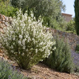 Genêt 'Albus' (Cytisus praecox) — arbuste fleuri devant un muret en pierre · Photo d'illustration