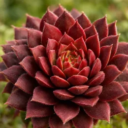 Joubarbe rouge cerise 'Cherries jubilee' (Sempervivum) — rosette serrée de feuilles rouges veloutées · Photo d'illustration