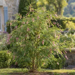 Indigotier rose (Indigofera heterantha) — arbuste à fleurs roses dans un jardin