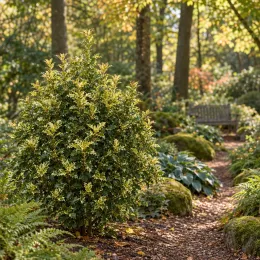 Osmanthe à feuilles variables 'Tricolor' (Osmanthus heterophyllus) — arbuste au feuillage panaché dans jardin ombragé · Photo d'illustration