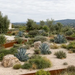 Agave d'amérique bleu 'Toliman blue' (Agave americana) — massif sec avec agaves bleutés et rochers · Photo d'illustration